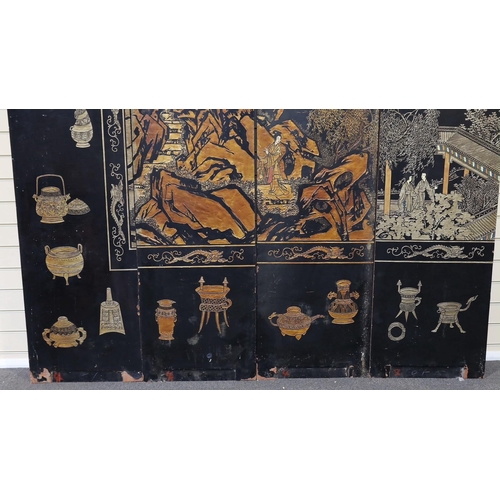 289 - A tall Chinese coromandel lacquer twelve panel screen, 19th century, decorated with fan shaped panel... 