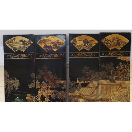 289 - A tall Chinese coromandel lacquer twelve panel screen, 19th century, decorated with fan shaped panel... 