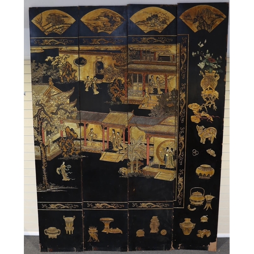 289 - A tall Chinese coromandel lacquer twelve panel screen, 19th century, decorated with fan shaped panel... 