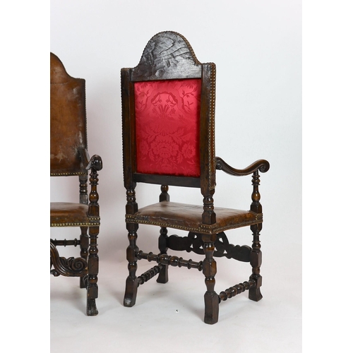 291 - A pair of late 17th century Spanish walnut and elm armchairs, with arched leather covered backs, mou... 