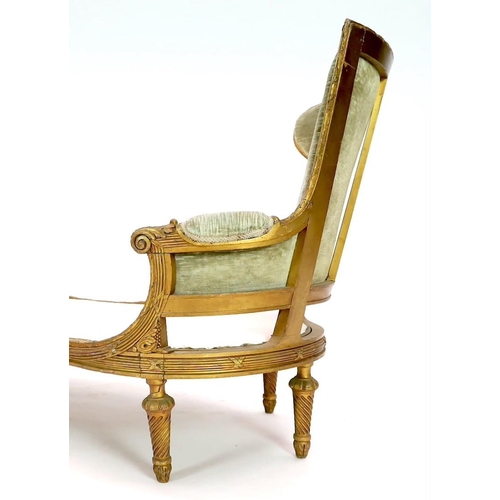 292 - A 19th century Louis XVI style giltwood chaise longue, with reeded ribbon tied rails, acanthus leaf ... 