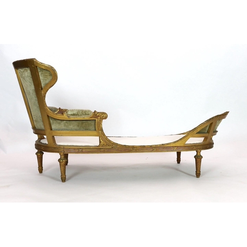 292 - A 19th century Louis XVI style giltwood chaise longue, with reeded ribbon tied rails, acanthus leaf ... 