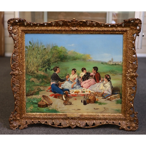 351 - J. Ruiz (Spanish, 19thC) 'A Spanish Picnic'oil on mahogany panelsigned and dated Seville 188137 x 45... 