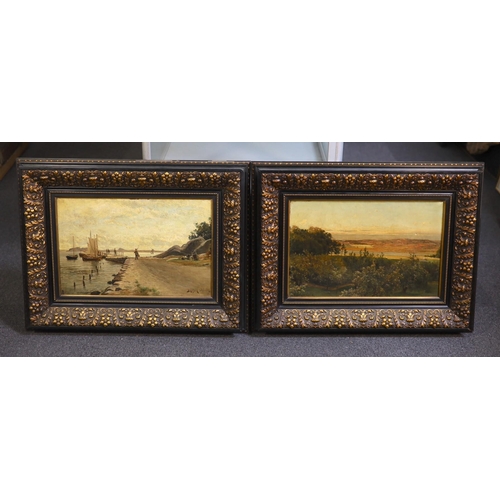 354 - Berndt Adolf Lindholm (French/Swedish, 1841-1914) Harbour scene and River landscapepair of oils on c... 