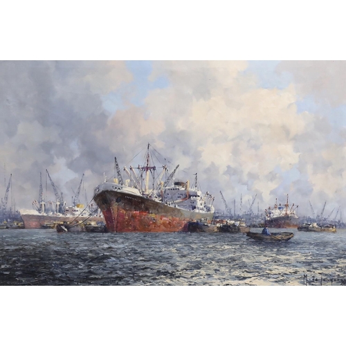 409 - Marinus Johannes de Jongere (Dutch, 1912-1978) oil on canvasShipping in Rotterdam harboursigned60 x ... 