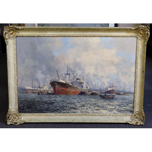 409 - Marinus Johannes de Jongere (Dutch, 1912-1978) oil on canvasShipping in Rotterdam harboursigned60 x ... 