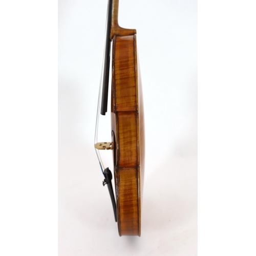 41 - An early 20th century German violin, carved with the head of Wagner, 37cm two piece back and associa... 