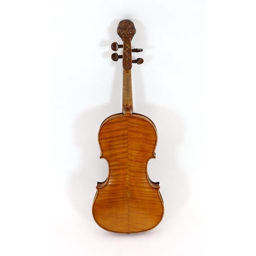 41 - An early 20th century German violin, carved with the head of Wagner, 37cm two piece back and associa... 