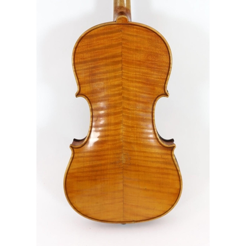 41 - An early 20th century German violin, carved with the head of Wagner, 37cm two piece back and associa... 