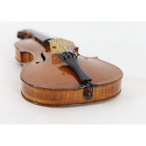 41 - An early 20th century German violin, carved with the head of Wagner, 37cm two piece back and associa... 