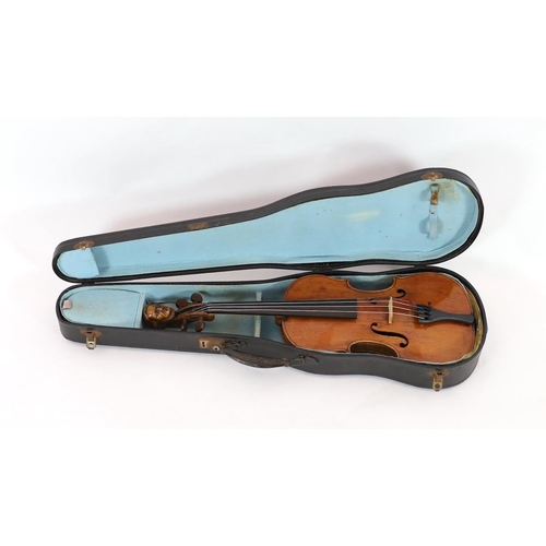 41 - An early 20th century German violin, carved with the head of Wagner, 37cm two piece back and associa... 