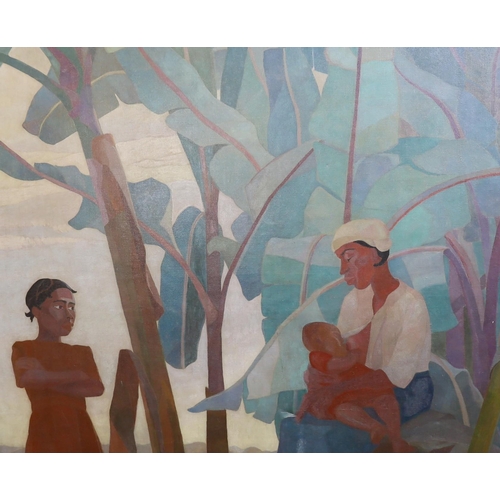 411 - § § Jo Jones (British, 1894-1989) Mother and children beneath banana plantsoil on canvassigned181 x ... 