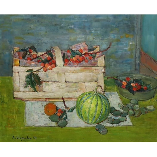 412 - § § André Vignoles (French, 1920-2017) Table top still life with basket of cherries and other fruito... 