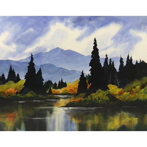 417 - K.C. Benson (Contemporary American) Colorado river landscape with fir treeswatercoloursigned and dat... 