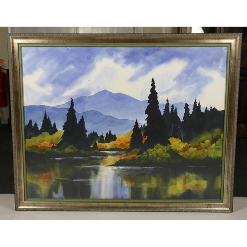 417 - K.C. Benson (Contemporary American) Colorado river landscape with fir treeswatercoloursigned and dat... 