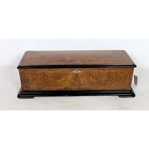 43 - A 19th century Swiss inlaid burr walnut musical box, the 12.5 inch cylinder playing 12 airs, listed ... 