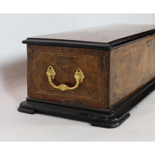 43 - A 19th century Swiss inlaid burr walnut musical box, the 12.5 inch cylinder playing 12 airs, listed ... 