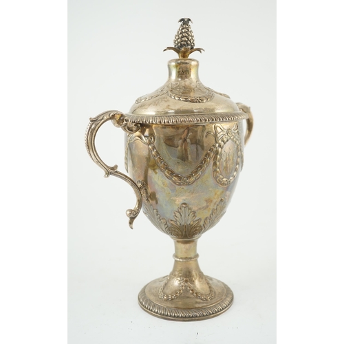 435 - A George III silver presentation two handled vase shaped pedestal cup and cover by Richard Gardner, ... 