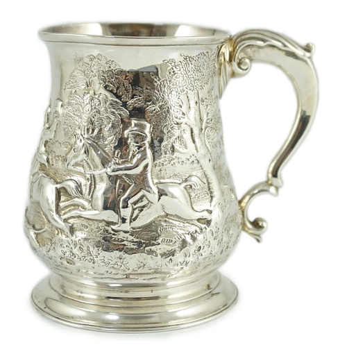 437 - A George II silver baluster mug, later embossed with continuous hunting scene, Richard Gosling, Lond... 