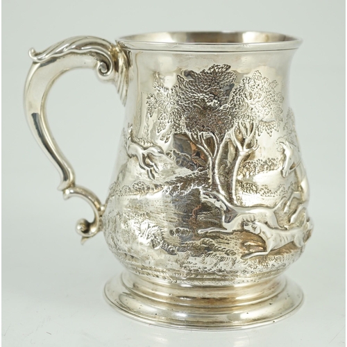 437 - A George II silver baluster mug, later embossed with continuous hunting scene, Richard Gosling, Lond... 