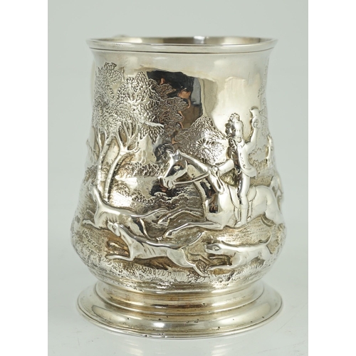 437 - A George II silver baluster mug, later embossed with continuous hunting scene, Richard Gosling, Lond... 