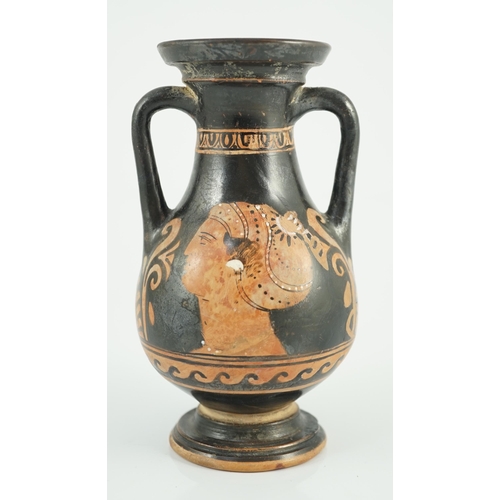 47 - An Apulian red figure Pelike, 4th century BCE., painted with the portrait of a woman, the reverse wi... 