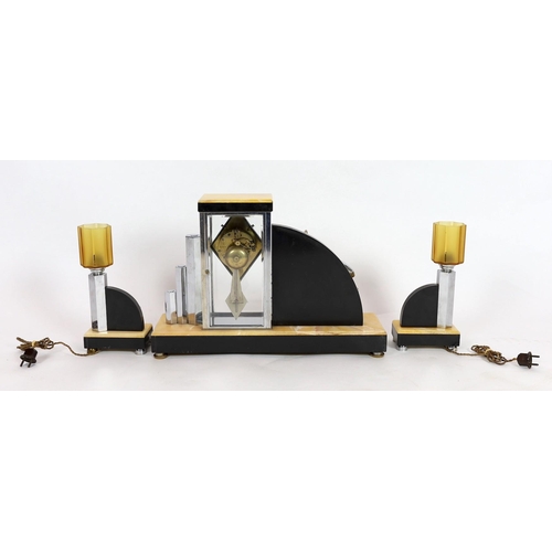 48 - A French Art Deco chrome and marble clock garniture, by H. Loiseau of Chateauroux, the central clock... 