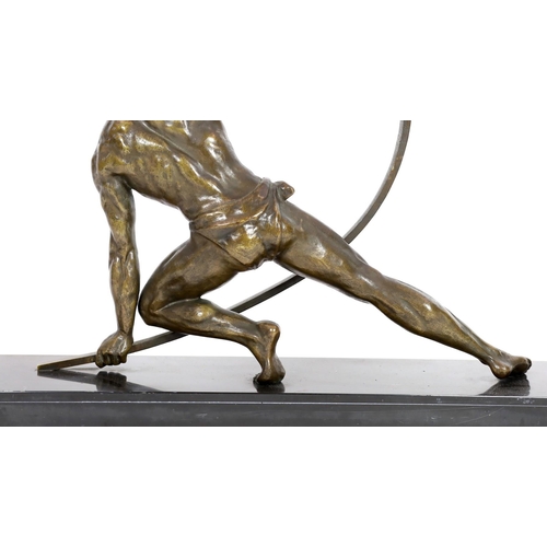 49 - Jean de Roncourt. A French Art Deco bronze 'Le Bendeur', on signed black marble plinth, 72cm wide, 5... 