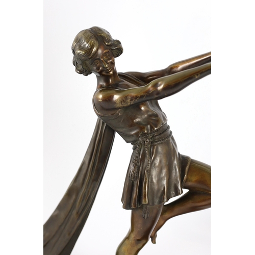 50 - Emile Carlier. A French Art Deco bronze and marble group of a toga dancer with a kid, on signed plin... 