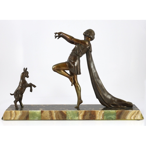 50 - Emile Carlier. A French Art Deco bronze and marble group of a toga dancer with a kid, on signed plin... 