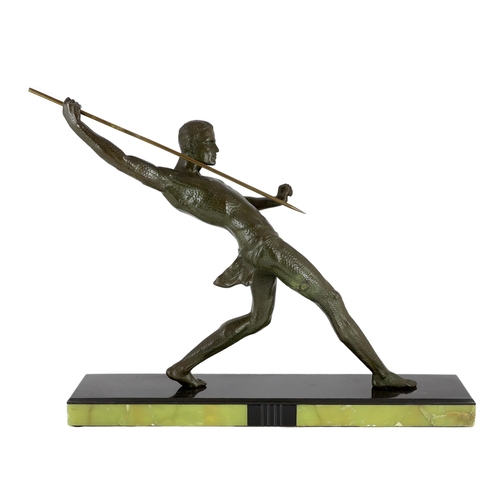 52 - Limousin. A French Art Deco patinated spelter figure of a javelin thrower,, signed in the bronze, on... 