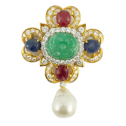 538 - A late 20th century 18k gold four leaf clover emerald, cabochon sapphire, cabochon ruby and baroqu... 