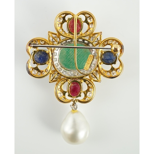 538 - A late 20th century 18k gold four leaf clover emerald, cabochon sapphire, cabochon ruby and baroqu... 