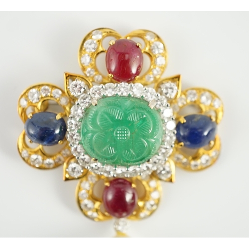 538 - A late 20th century 18k gold four leaf clover emerald, cabochon sapphire, cabochon ruby and baroqu... 