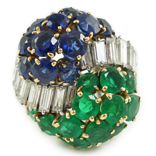 539 - A late 20th century French 18ct white gold round cut emerald, sapphire and graduated baguette cut di... 