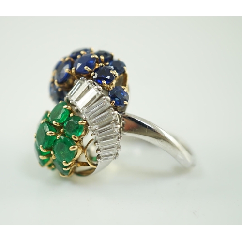 539 - A late 20th century French 18ct white gold round cut emerald, sapphire and graduated baguette cut di... 