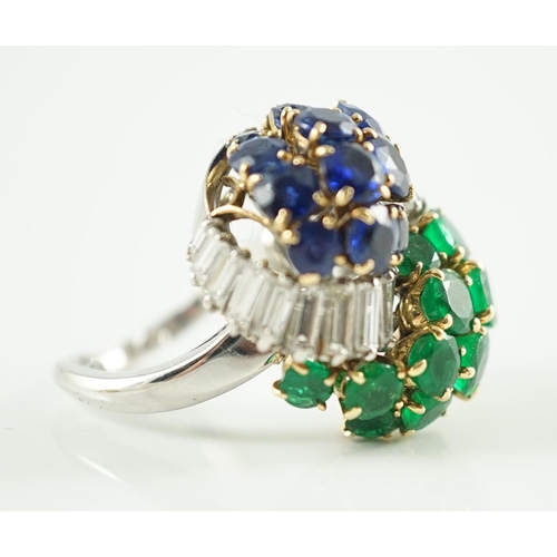 539 - A late 20th century French 18ct white gold round cut emerald, sapphire and graduated baguette cut di... 