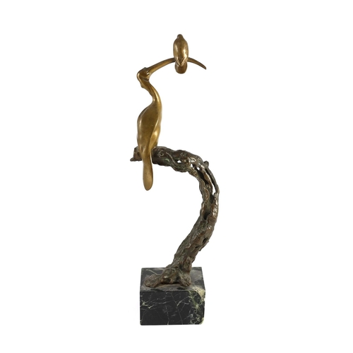 54 - § § Josef Franz Riedl (Austrian, 1884-1965). A bronze group of two birds perched upon a tree trunk, ... 