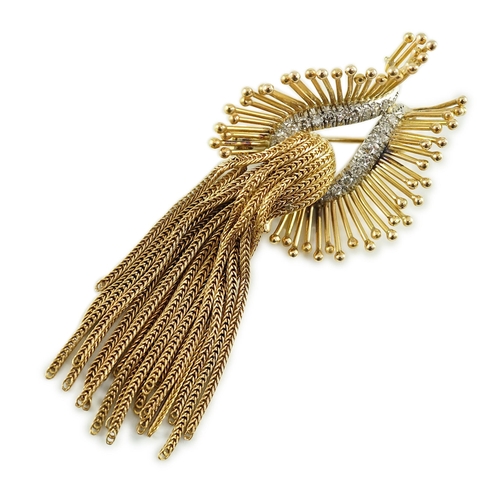 547 - A late 20th century stylish continental gold and diamond cluster set tassel brooch, of stylised hors... 