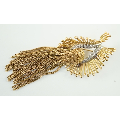 547 - A late 20th century stylish continental gold and diamond cluster set tassel brooch, of stylised hors... 