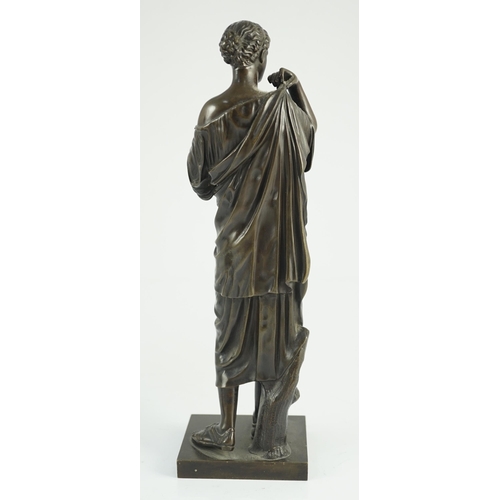 61 - After the antique, a French Reduction Sauvage bronze figure of 'Diana de Gabies', on square plinth, ... 