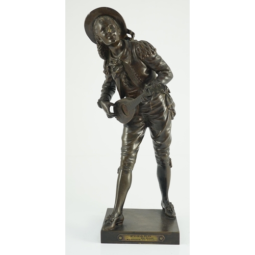 62 - Eutrope Bouret (French, 1833-1906). A bronze figure of 'Figaro', standing playing a mandolin, signed... 