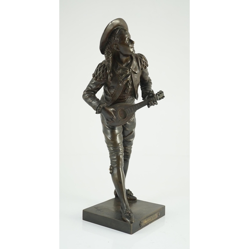 62 - Eutrope Bouret (French, 1833-1906). A bronze figure of 'Figaro', standing playing a mandolin, signed... 