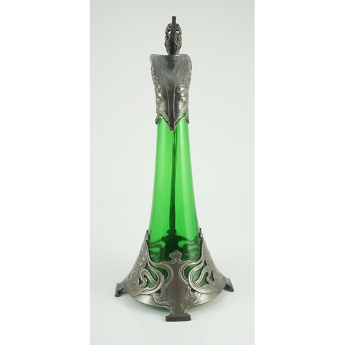 67 - An Art Nouveau WMF metal mounted green glass ewer, c.1905, cast in relief with Art Nouveau maiden's ... 