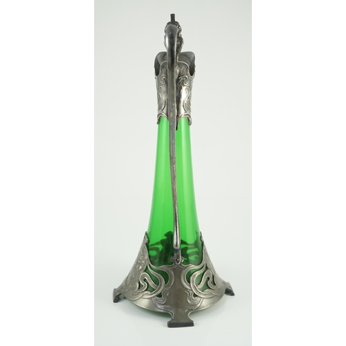 67 - An Art Nouveau WMF metal mounted green glass ewer, c.1905, cast in relief with Art Nouveau maiden's ... 