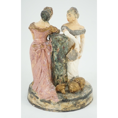 73 - § § Quentin Bell (1910-1996). A studio pottery group of two women in ballgowns, painted in coloured ... 