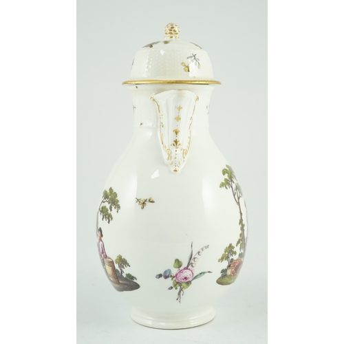 76 - A Meissen coffee pot and cover, c.1760, of baluster shape applied with a wishbone shaped handle, pai... 