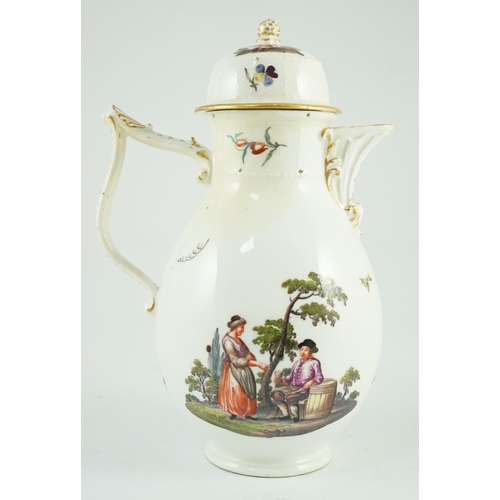 76 - A Meissen coffee pot and cover, c.1760, of baluster shape applied with a wishbone shaped handle, pai... 