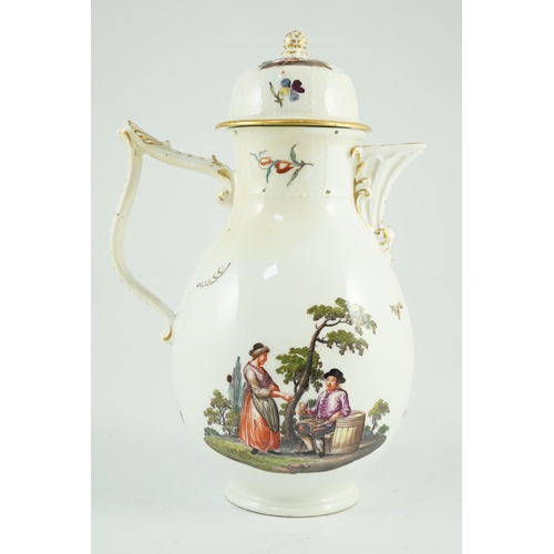 76 - A Meissen coffee pot and cover, c.1760, of baluster shape applied with a wishbone shaped handle, pai... 