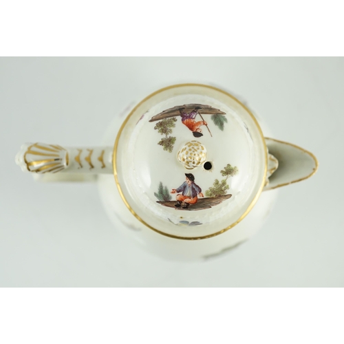 76 - A Meissen coffee pot and cover, c.1760, of baluster shape applied with a wishbone shaped handle, pai... 